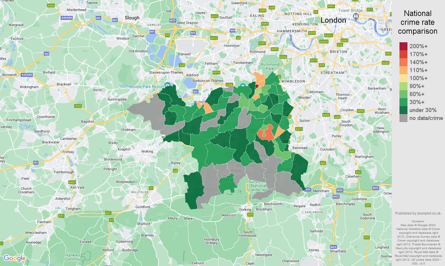 Kingston upon Thames robbery crime rate comparison map