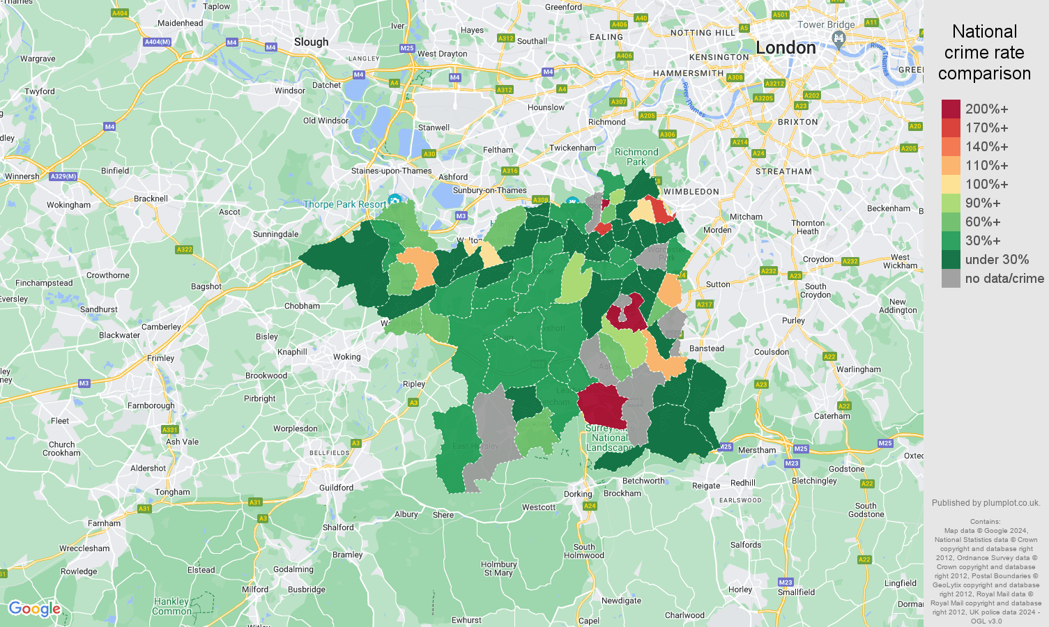 Kingston upon Thames shoplifting crime rate comparison map