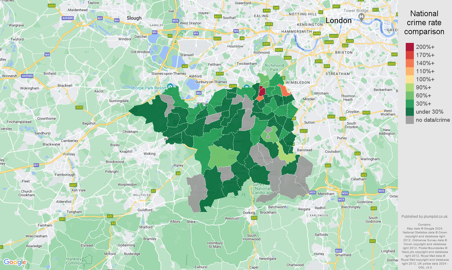 Kingston upon Thames theft from the person crime rate comparison map