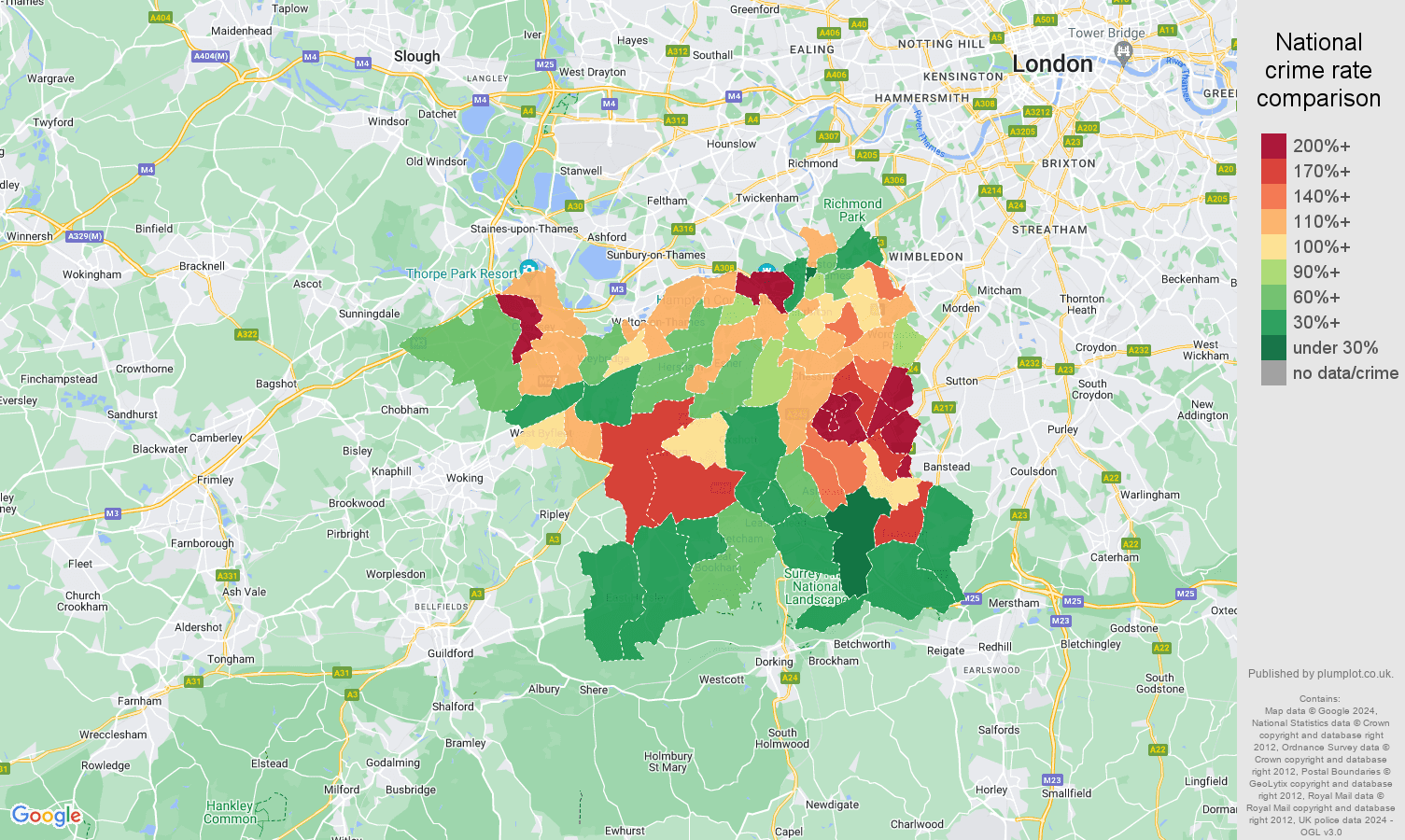 Kingston upon Thames vehicle crime rate comparison map