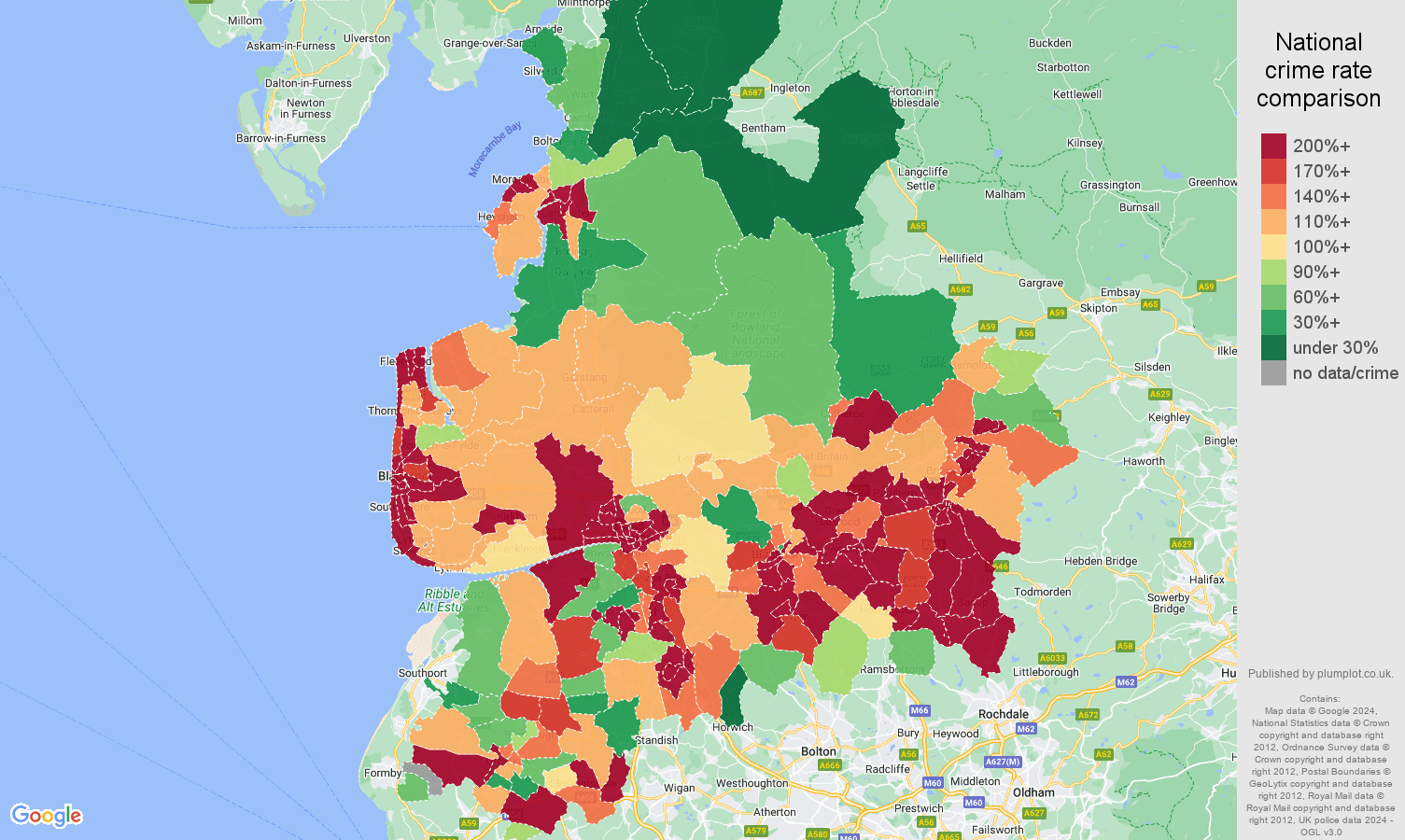 Lancashire antisocial behaviour crime rate comparison map