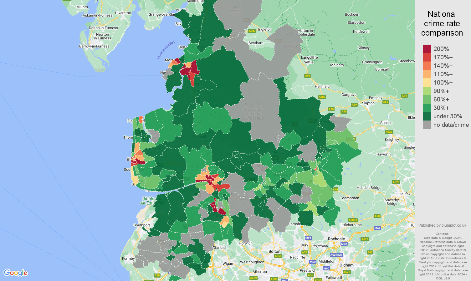 Lancashire bicycle theft crime rate comparison map