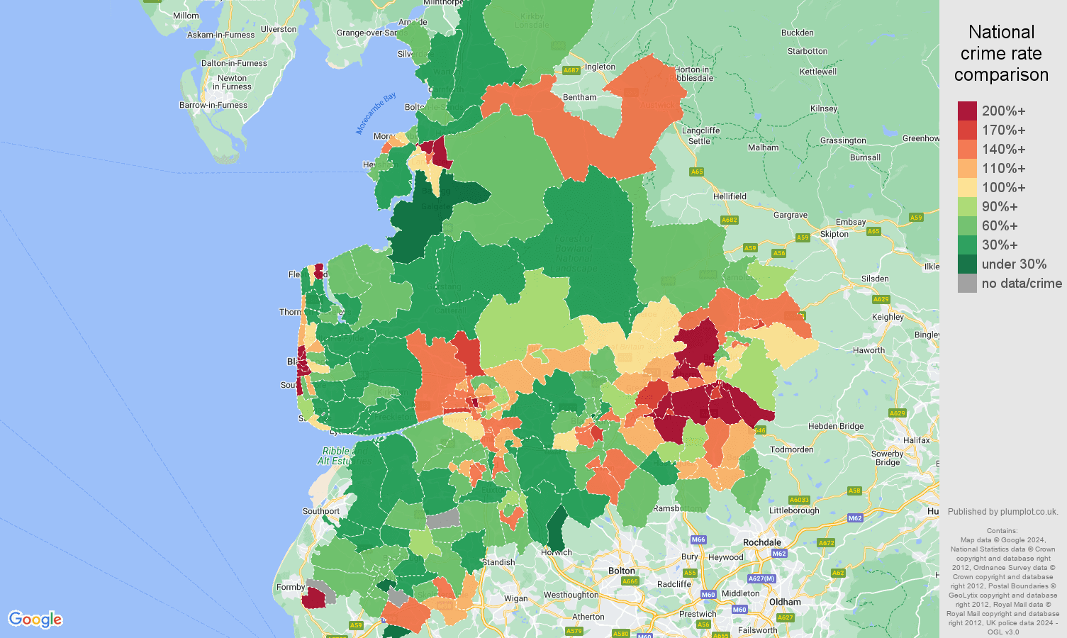 Lancashire burglary crime rate comparison map