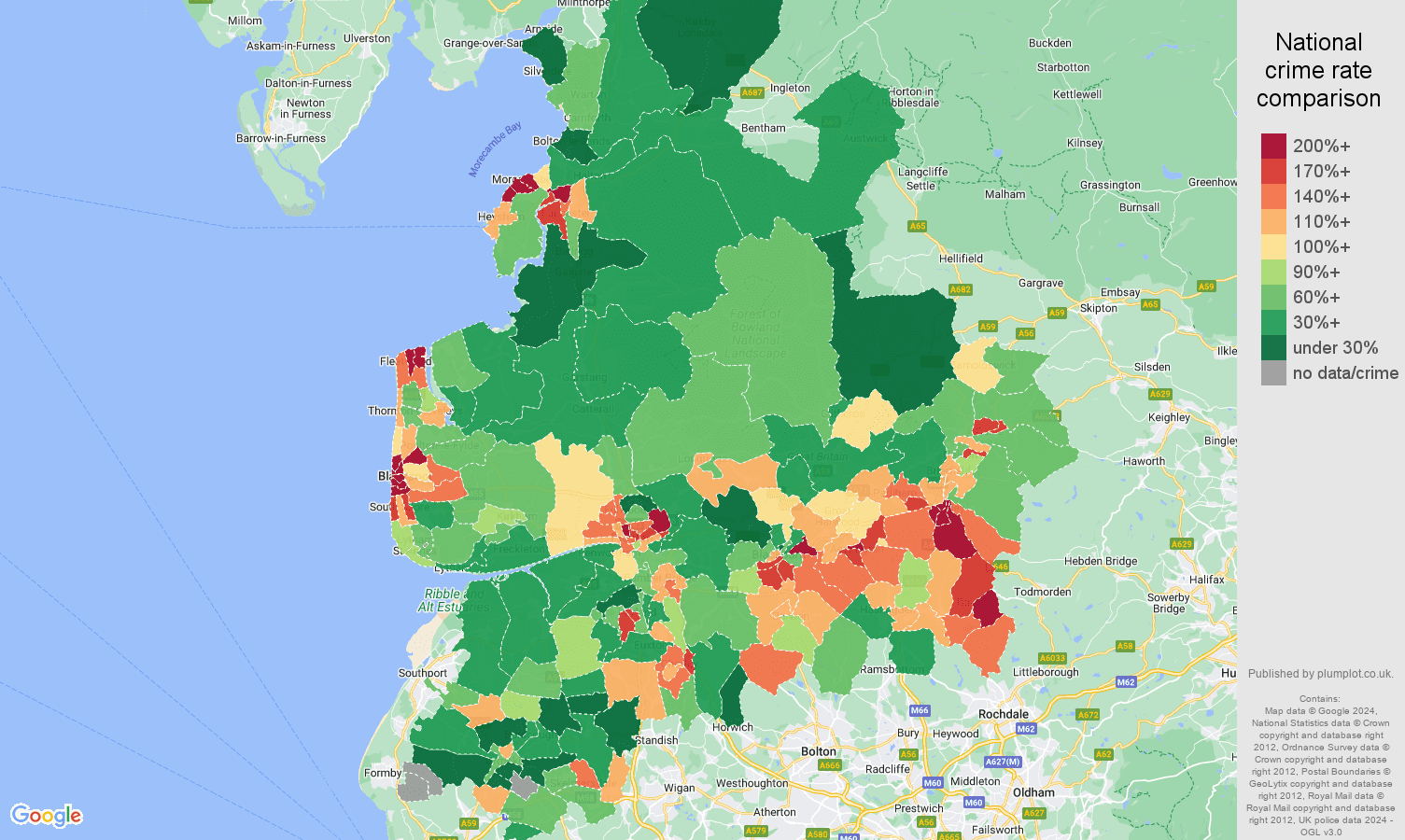 Lancashire criminal damage and arson crime rate comparison map