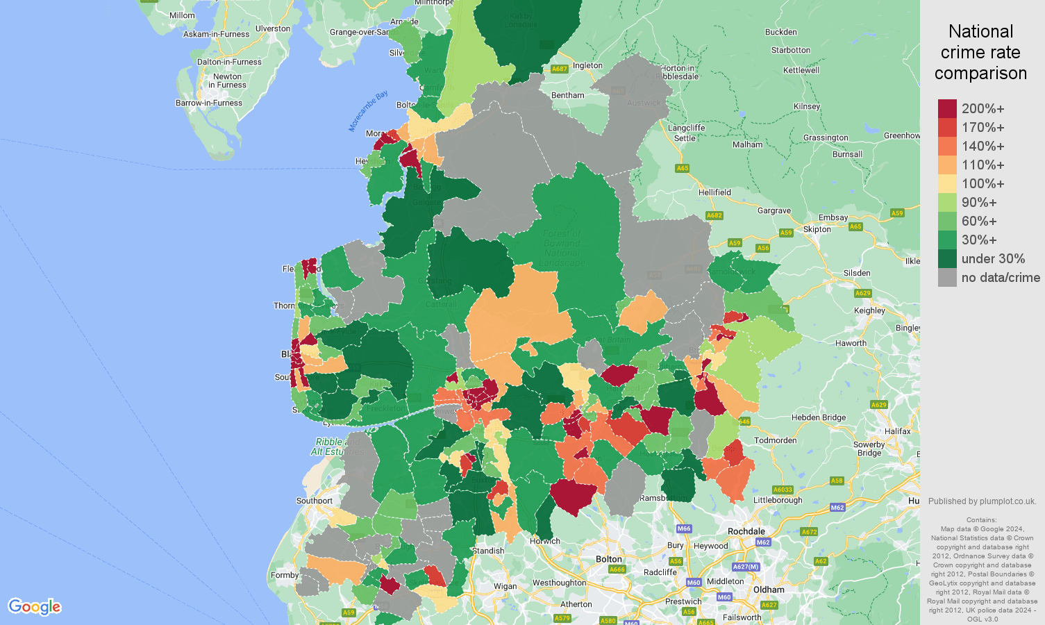Lancashire possession of weapons crime rate comparison map