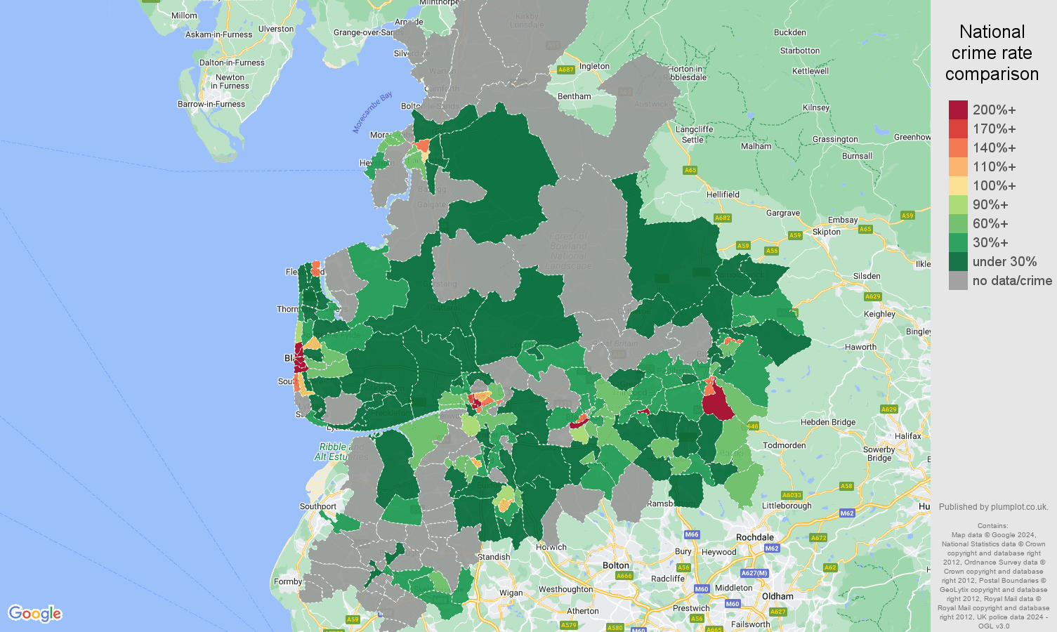 Lancashire robbery crime rate comparison map
