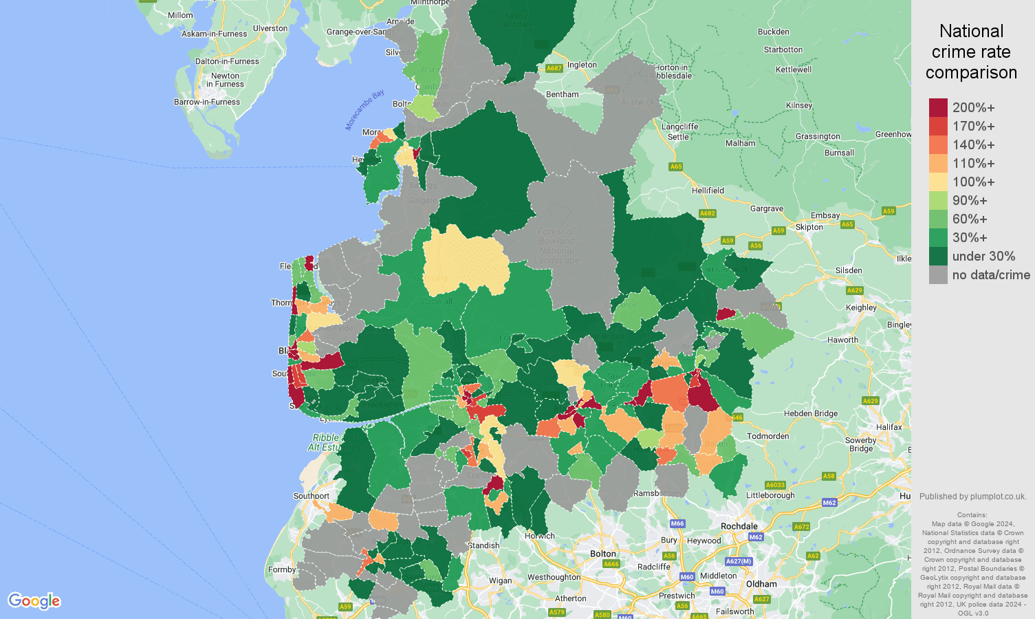 Lancashire shoplifting crime rate comparison map