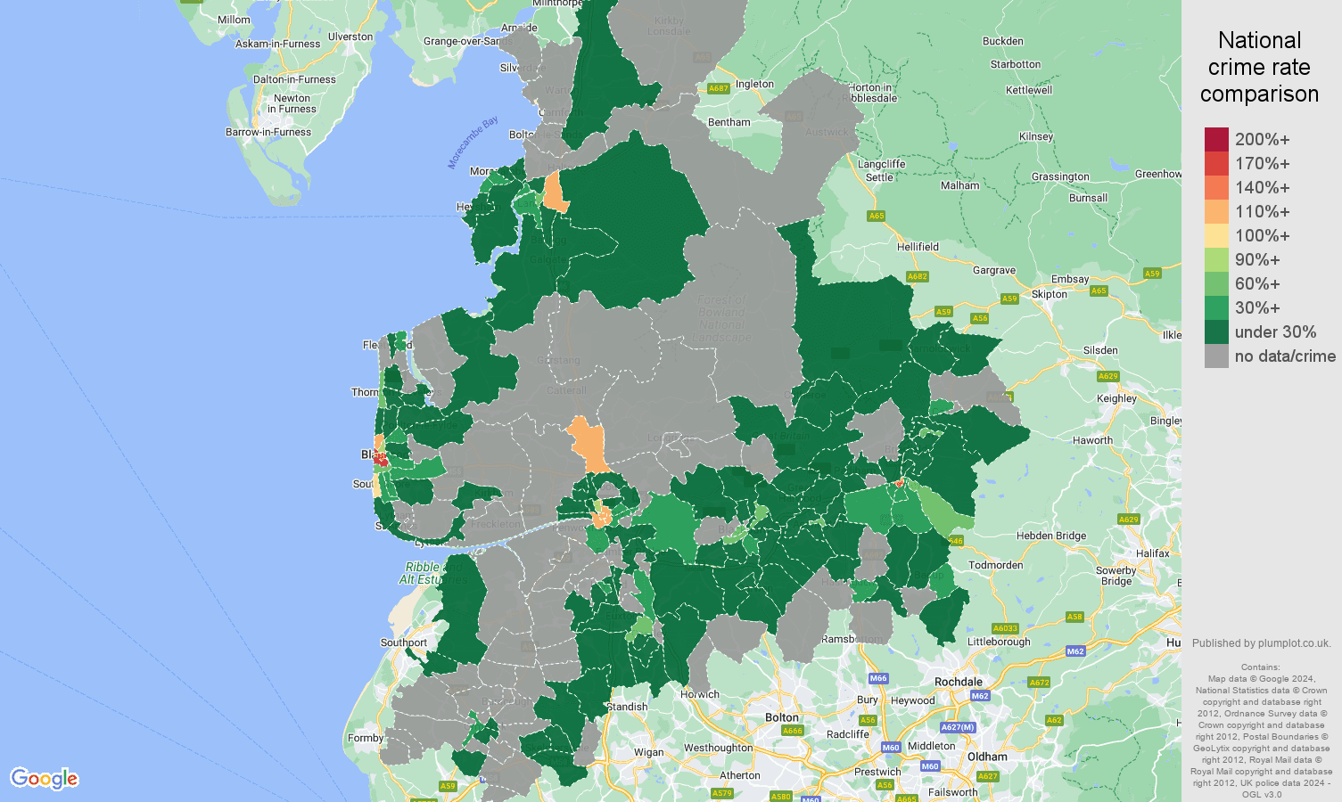 Lancashire theft from the person crime rate comparison map