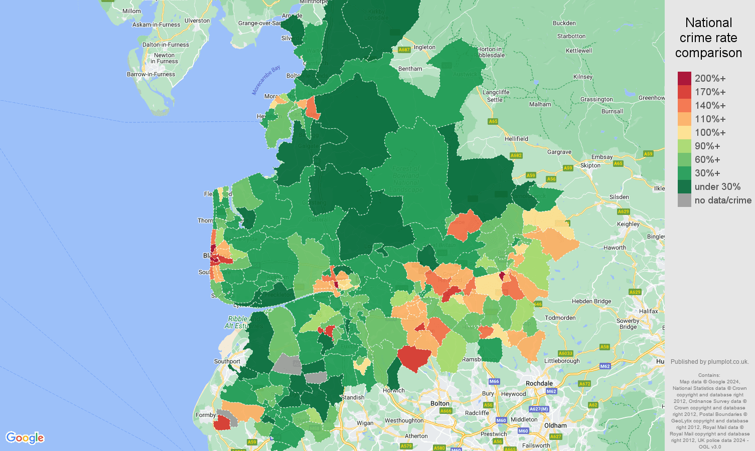 Lancashire vehicle crime rate comparison map