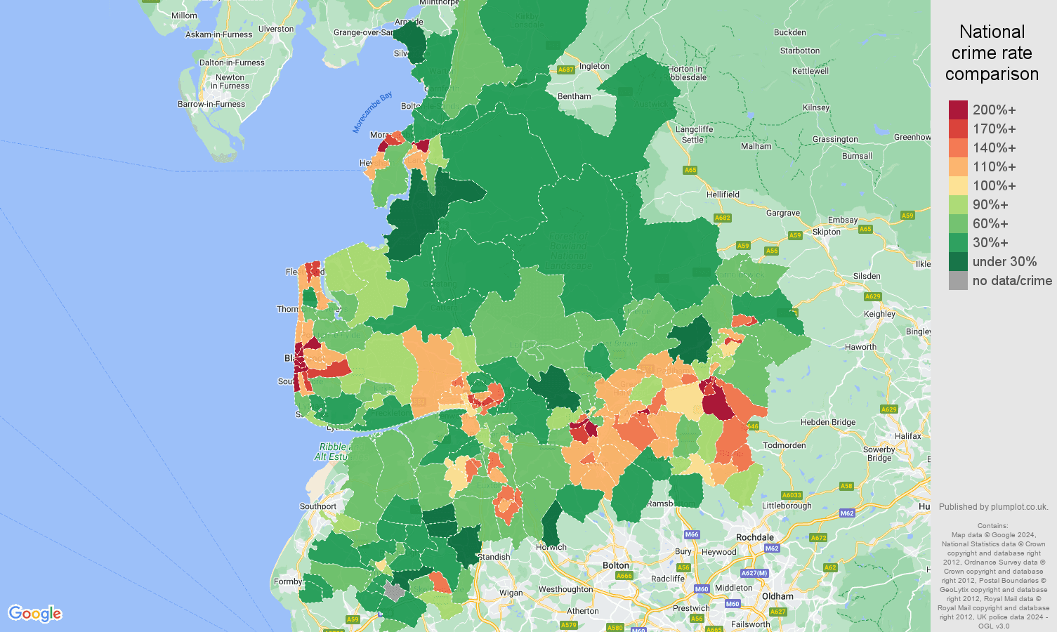 Lancashire violent crime rate comparison map