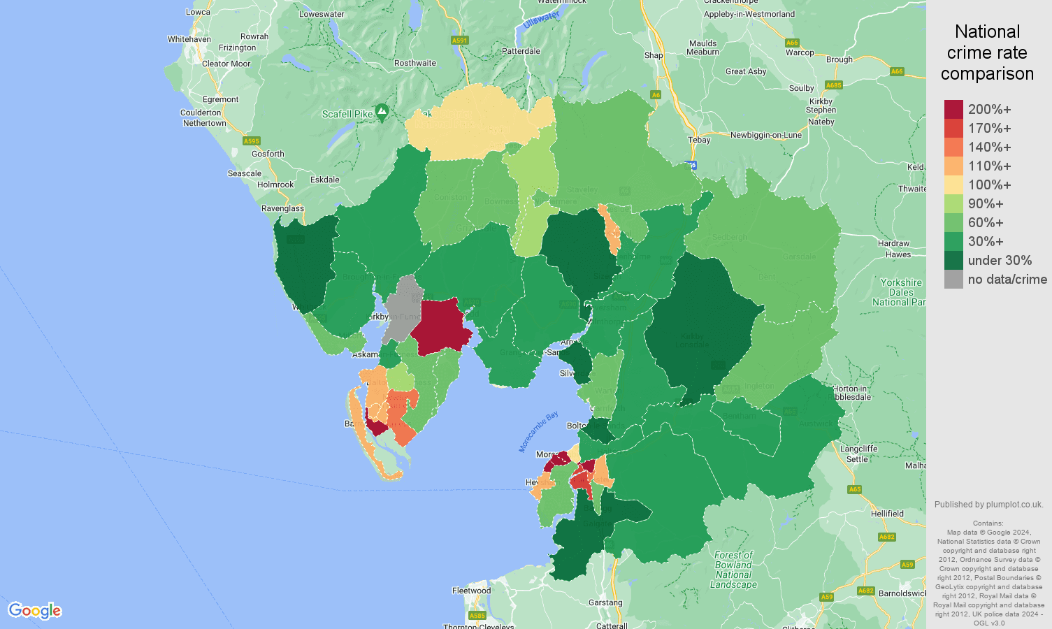 Lancaster criminal damage and arson crime rate comparison map