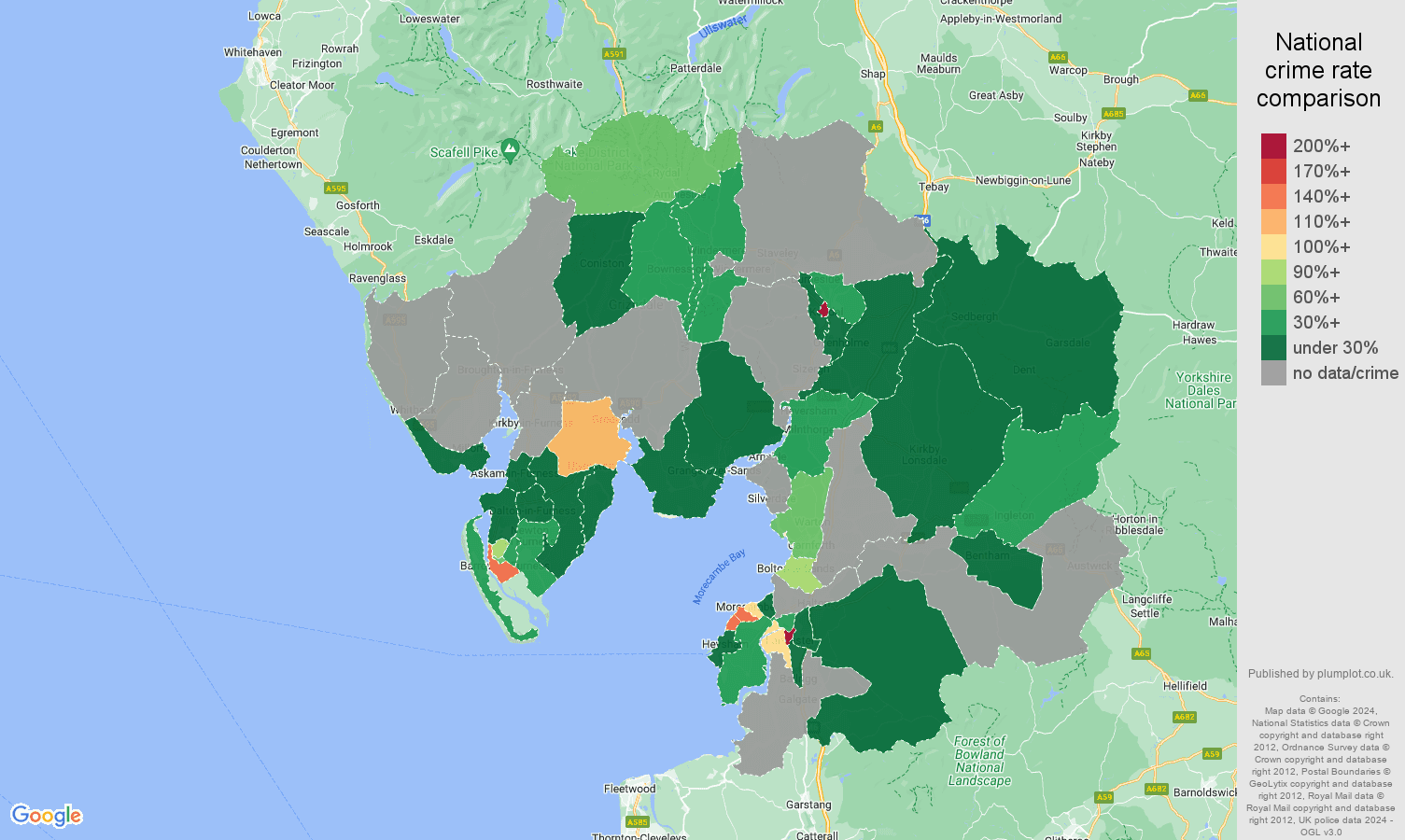 Lancaster shoplifting crime rate comparison map