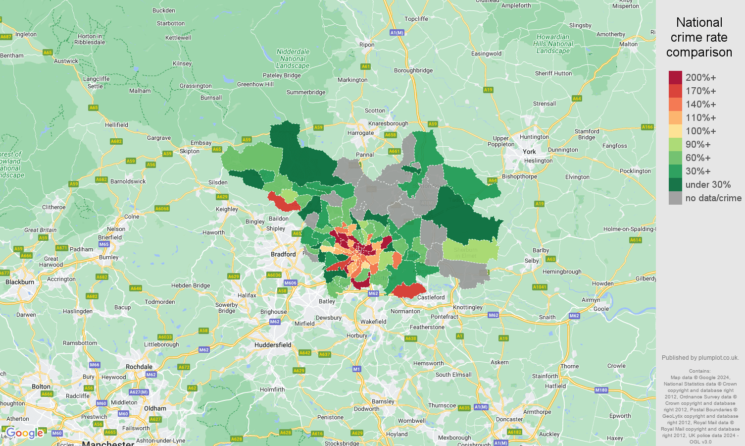 Leeds bicycle theft crime rate comparison map