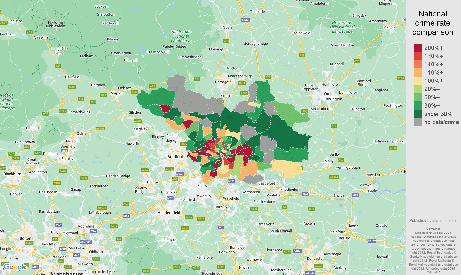 Leeds shoplifting crime rate comparison map