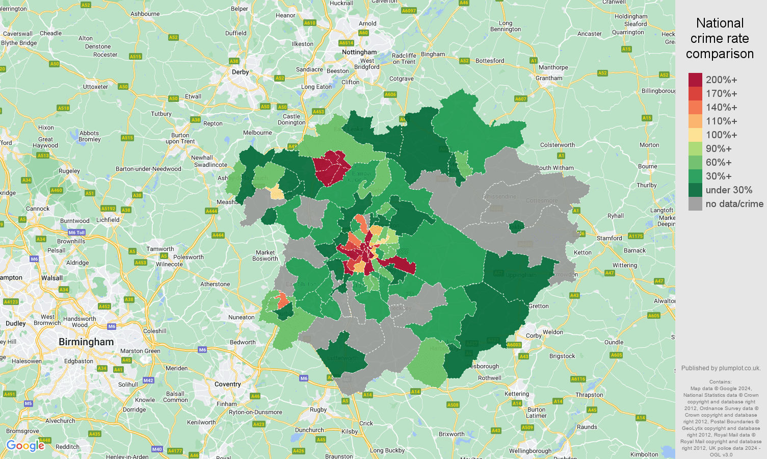 Leicester bicycle theft crime rate comparison map