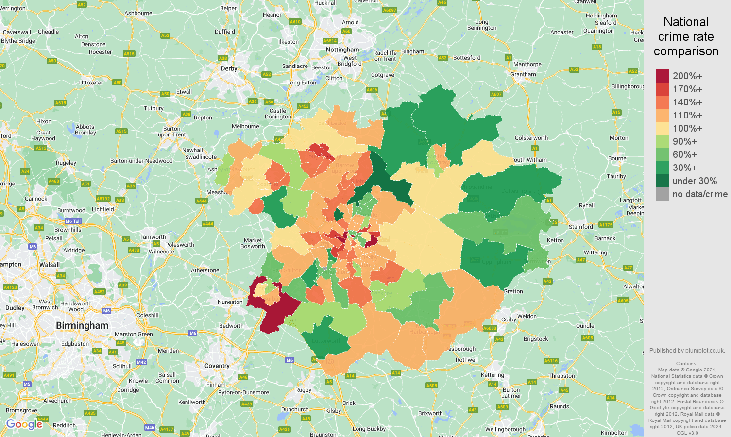 Leicester burglary crime rate comparison map