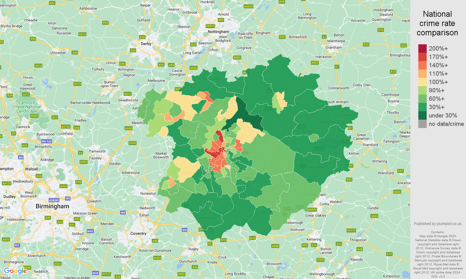 Leicester crime rate comparison map