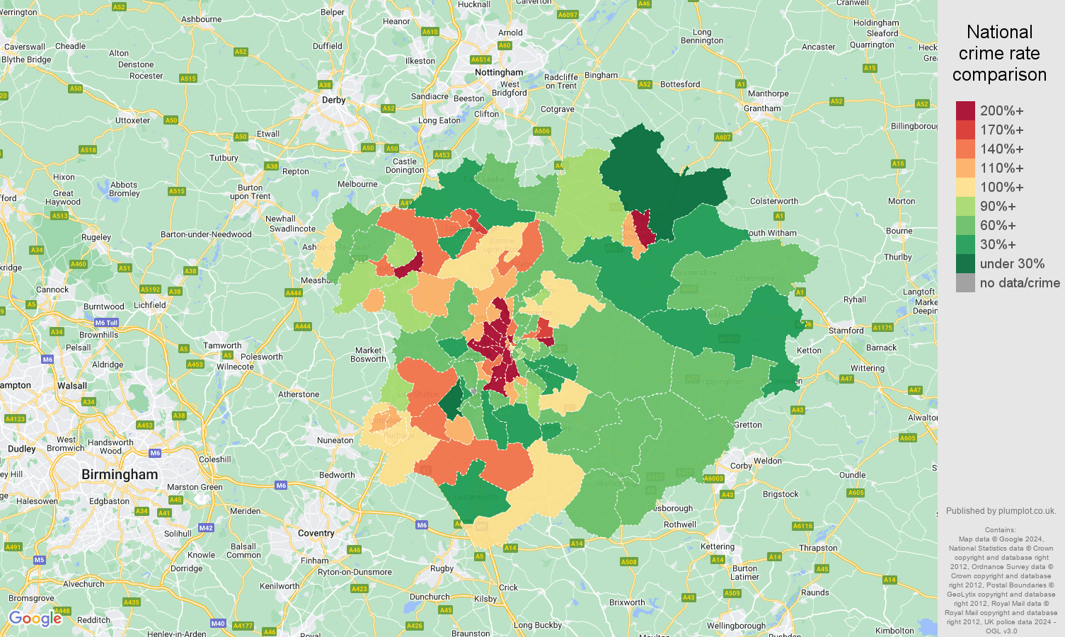 Leicester criminal damage and arson crime rate comparison map