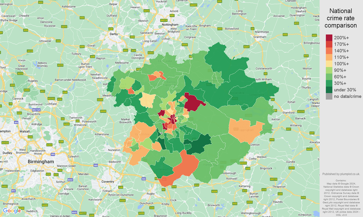 Leicester other theft crime rate comparison map