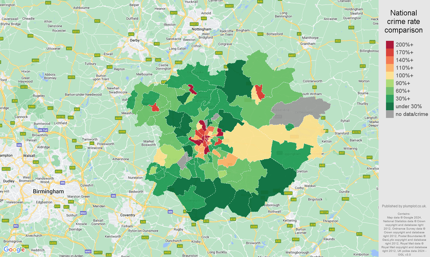 Leicester possession of weapons crime rate comparison map