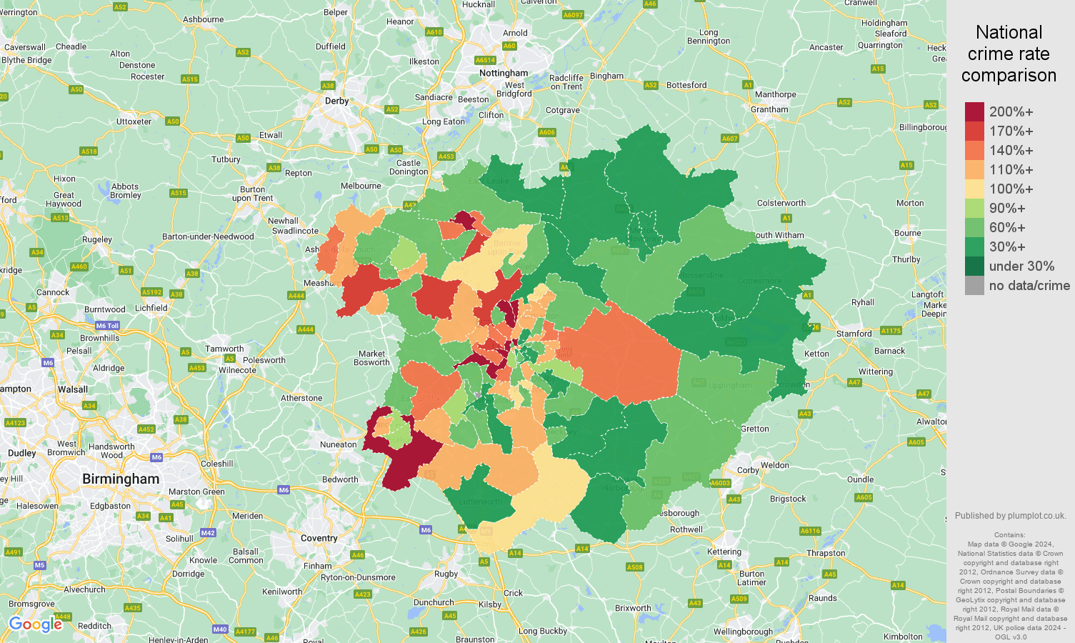 Leicester vehicle crime rate comparison map