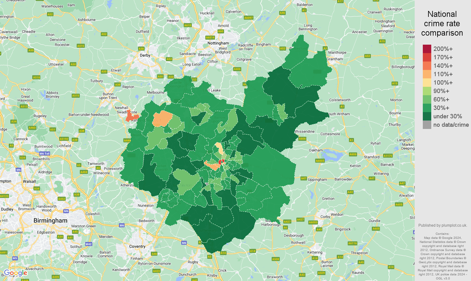 Leicestershire antisocial behaviour crime rate comparison map