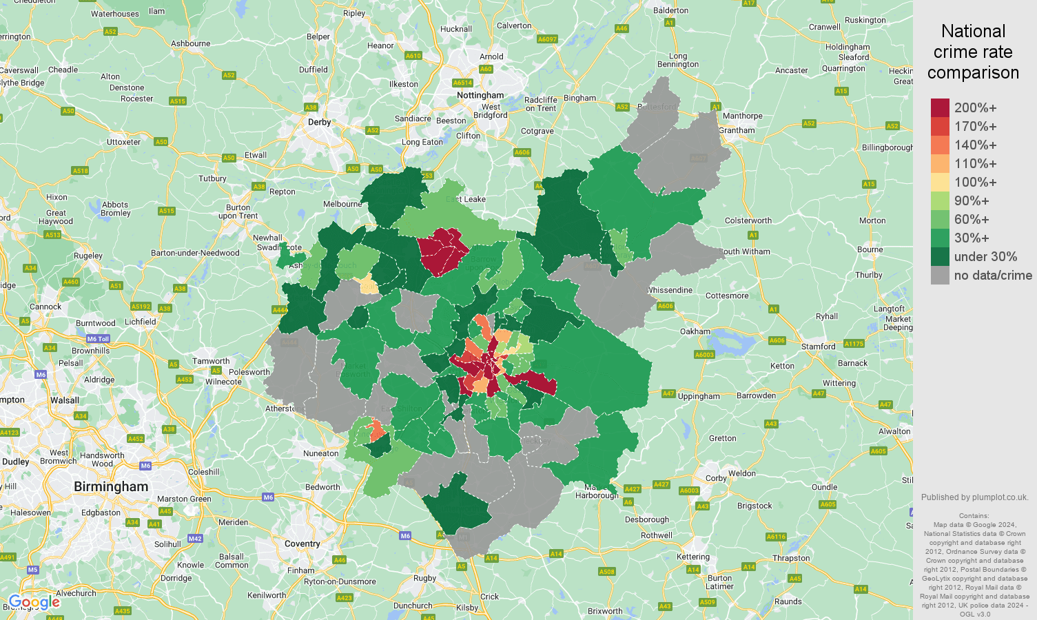 Leicestershire bicycle theft crime rate comparison map