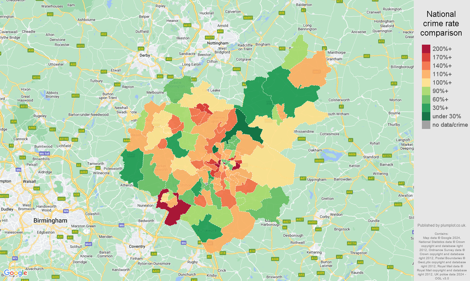 Leicestershire burglary crime rate comparison map