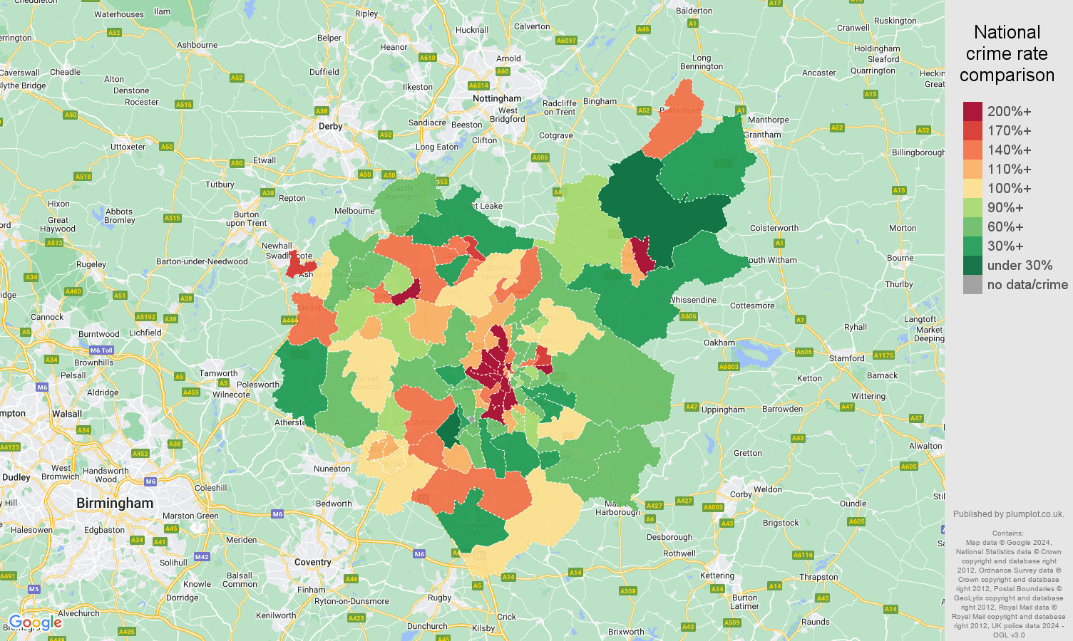 Leicestershire criminal damage and arson crime rate comparison map
