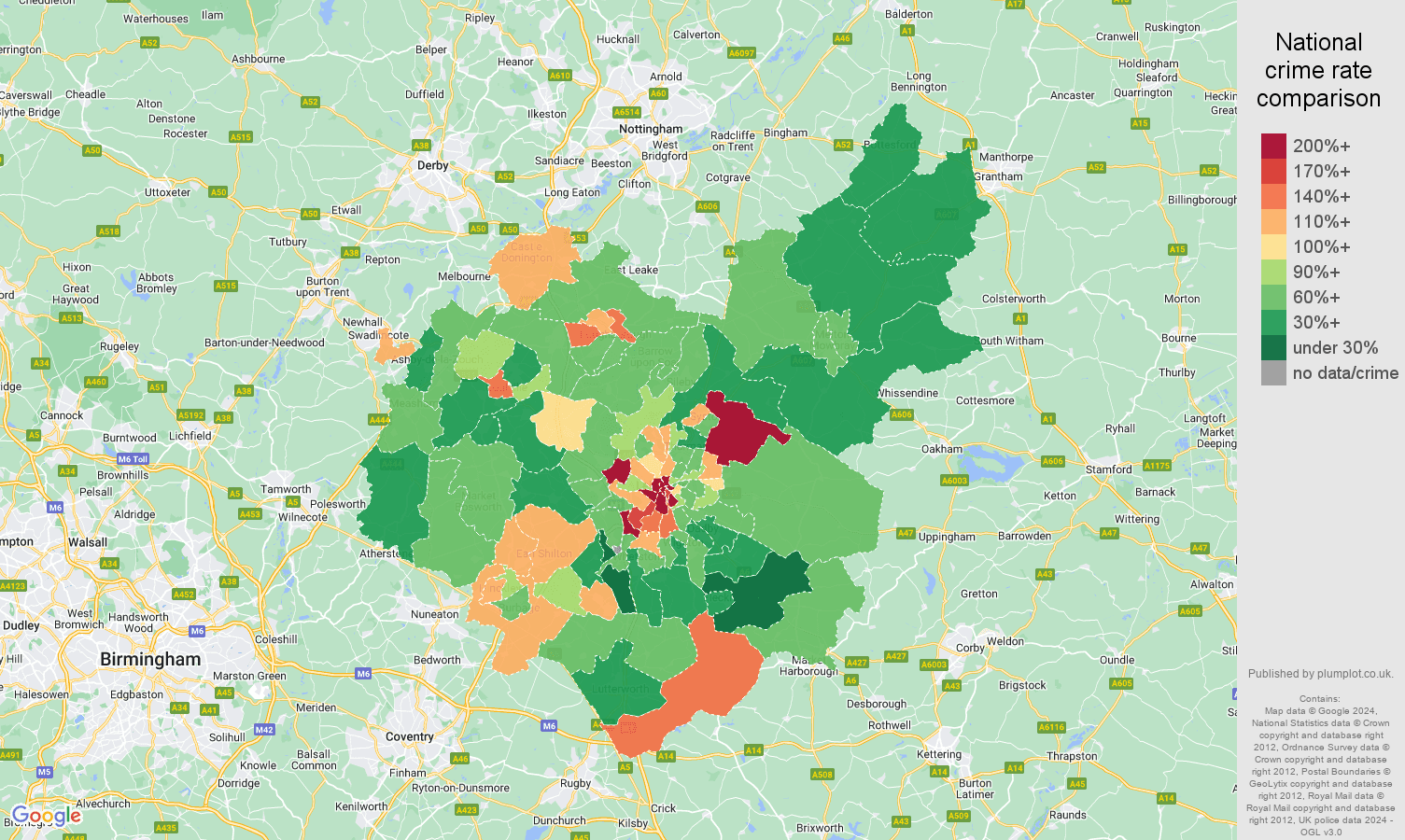 Leicestershire other theft crime rate comparison map