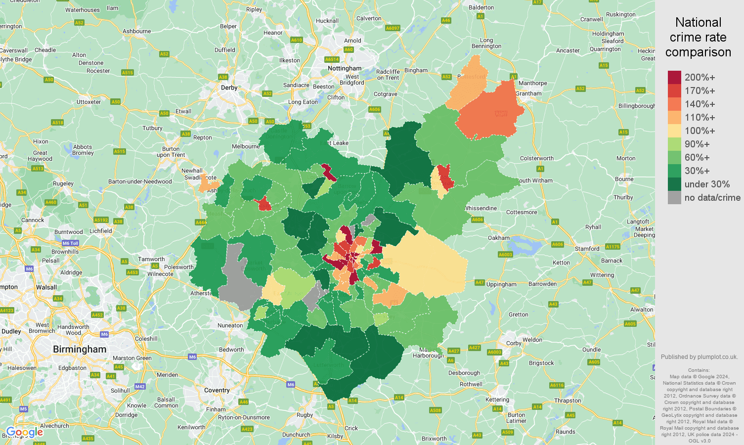 Leicestershire possession of weapons crime rate comparison map