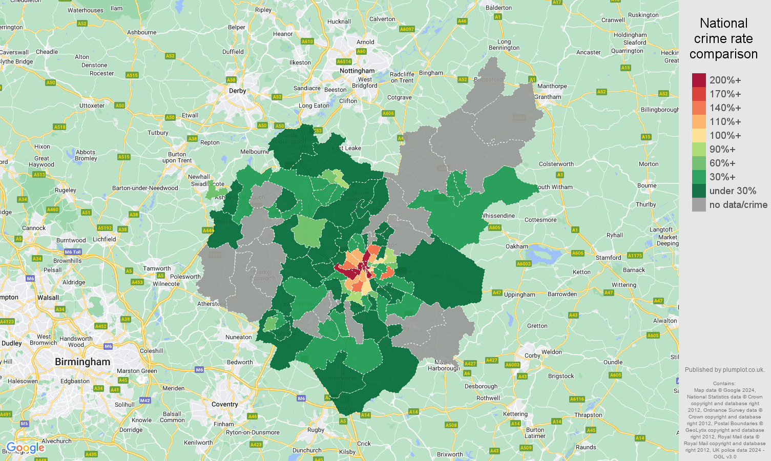 Leicestershire robbery crime rate comparison map
