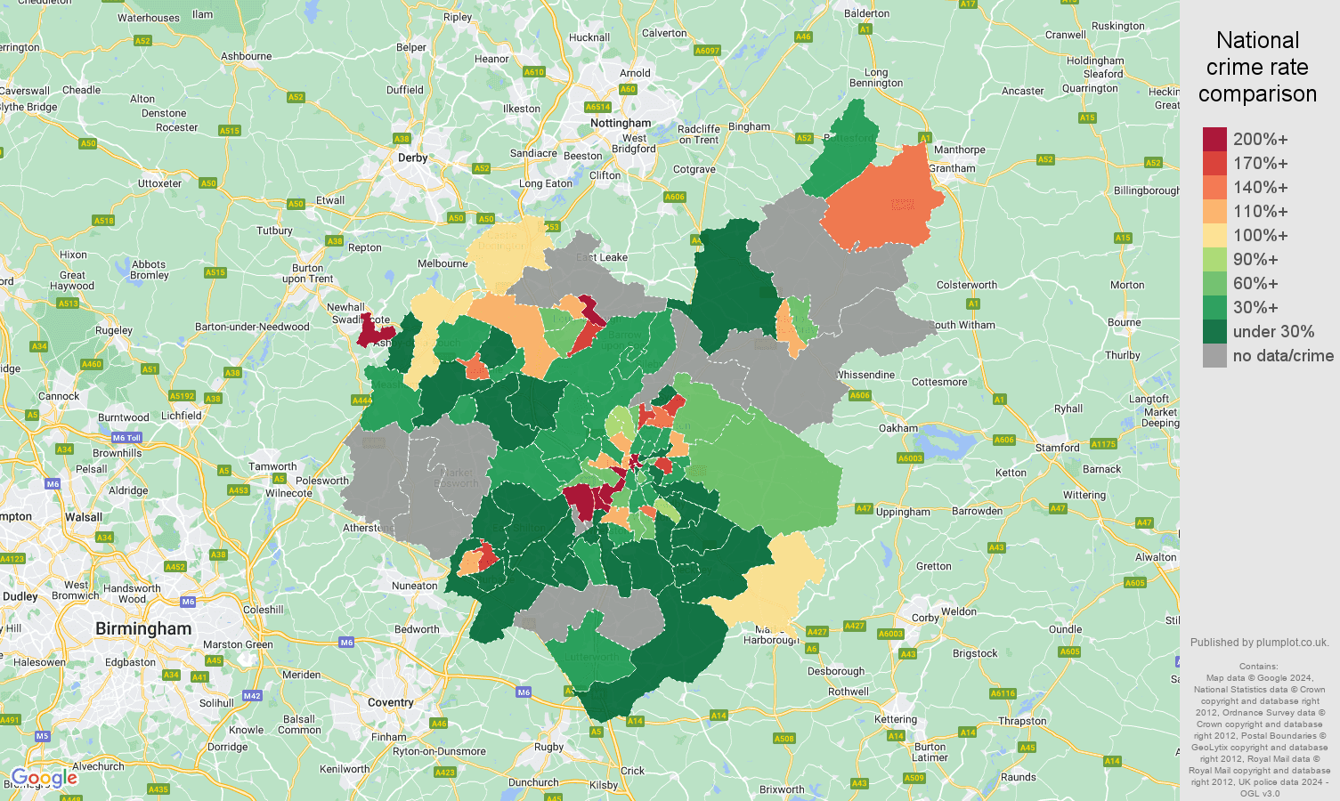 Leicestershire shoplifting crime rate comparison map