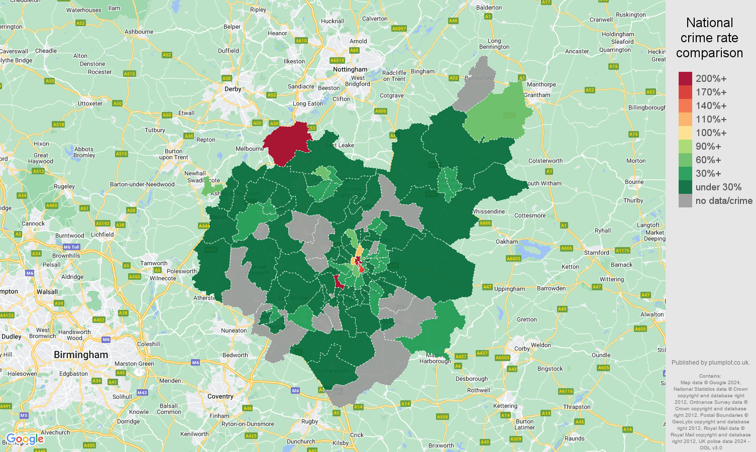 Leicestershire theft from the person crime rate comparison map