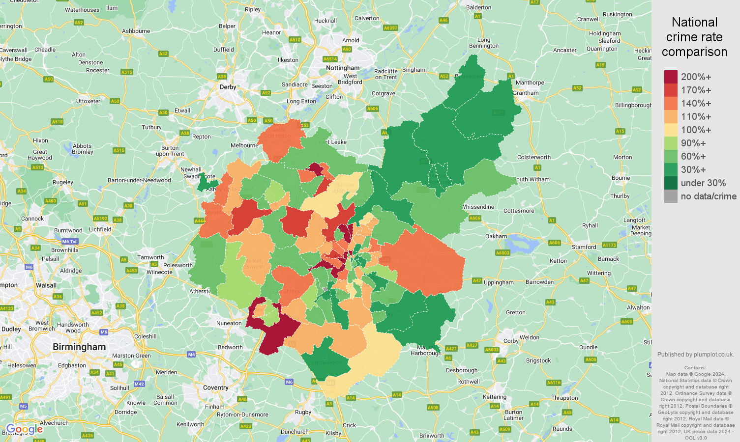 Leicestershire vehicle crime rate comparison map