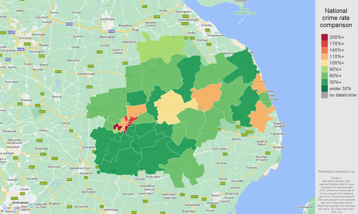 Lincoln criminal damage and arson crime rate comparison map