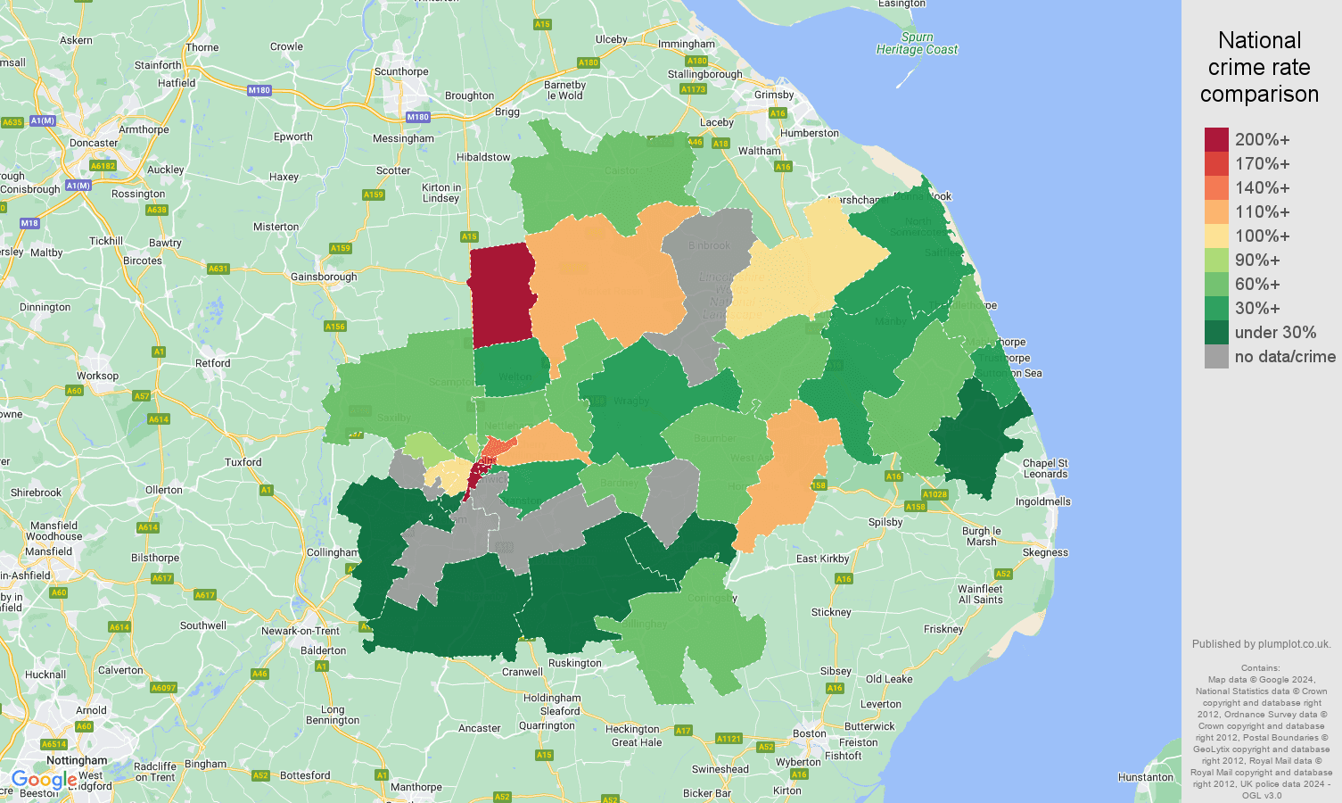 Lincoln possession of weapons crime rate comparison map