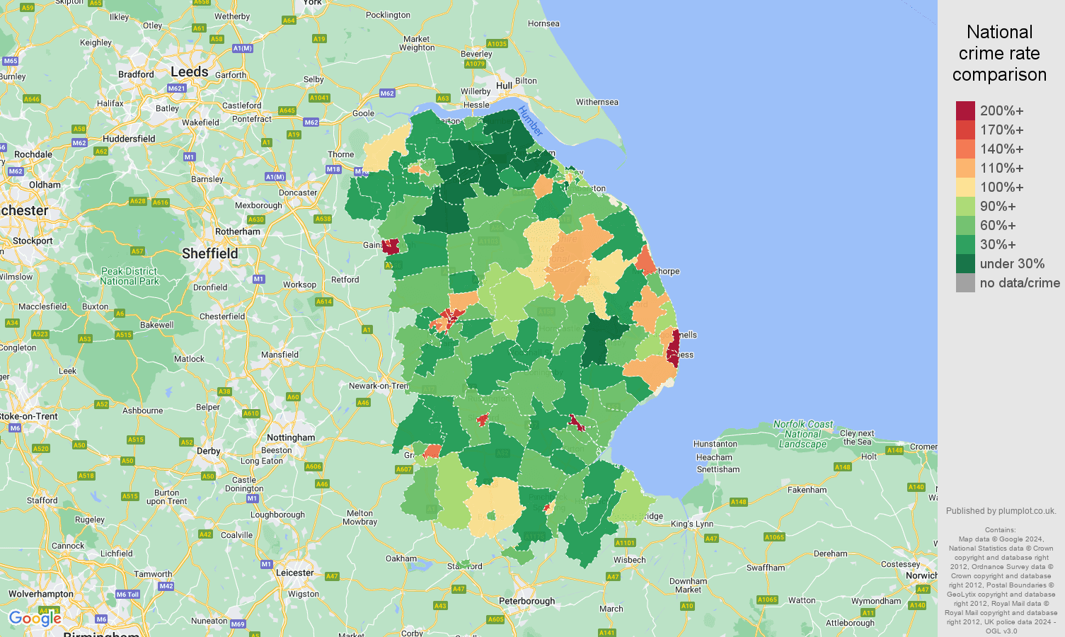 Lincolnshire antisocial behaviour crime rate comparison map