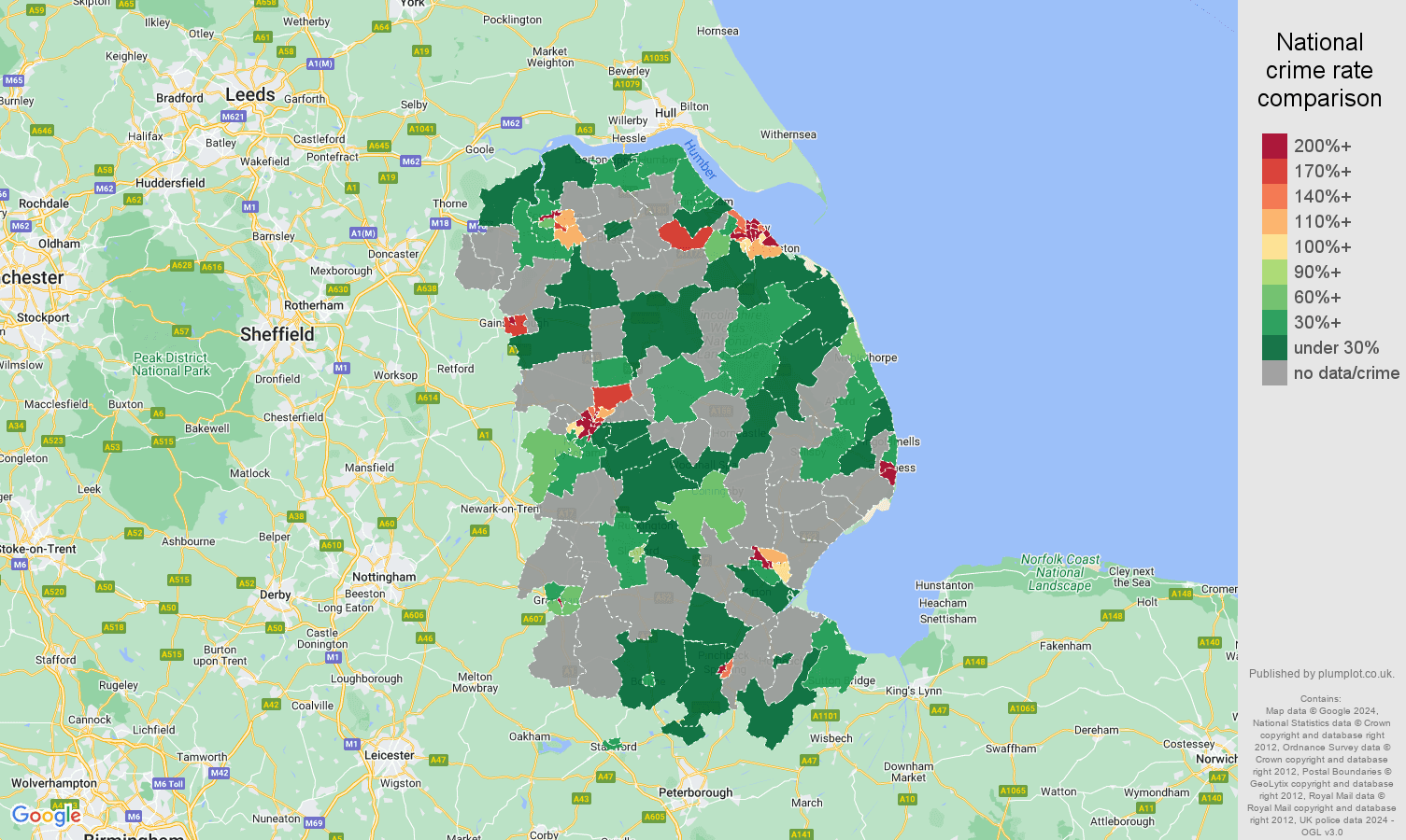 Lincolnshire bicycle theft crime rate comparison map