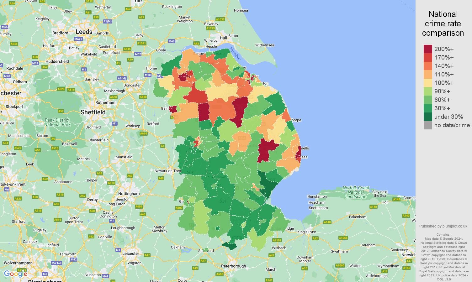 Lincolnshire burglary crime rate comparison map