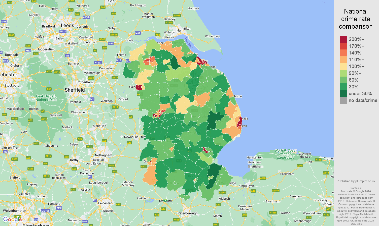 Lincolnshire criminal damage and arson crime rate comparison map