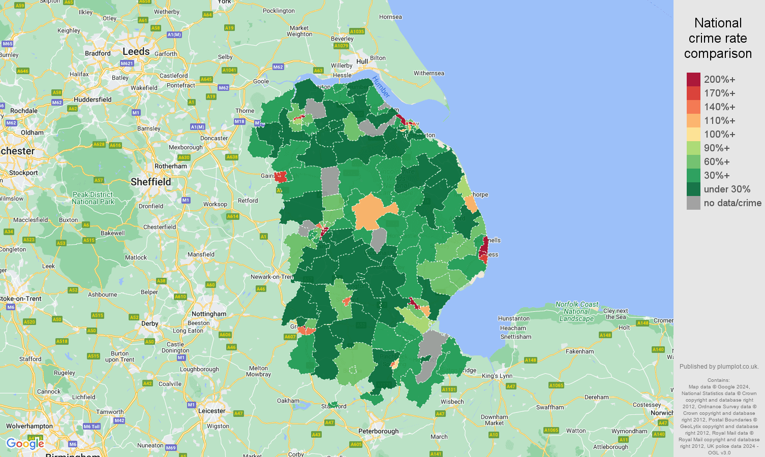 Lincolnshire drugs crime rate comparison map