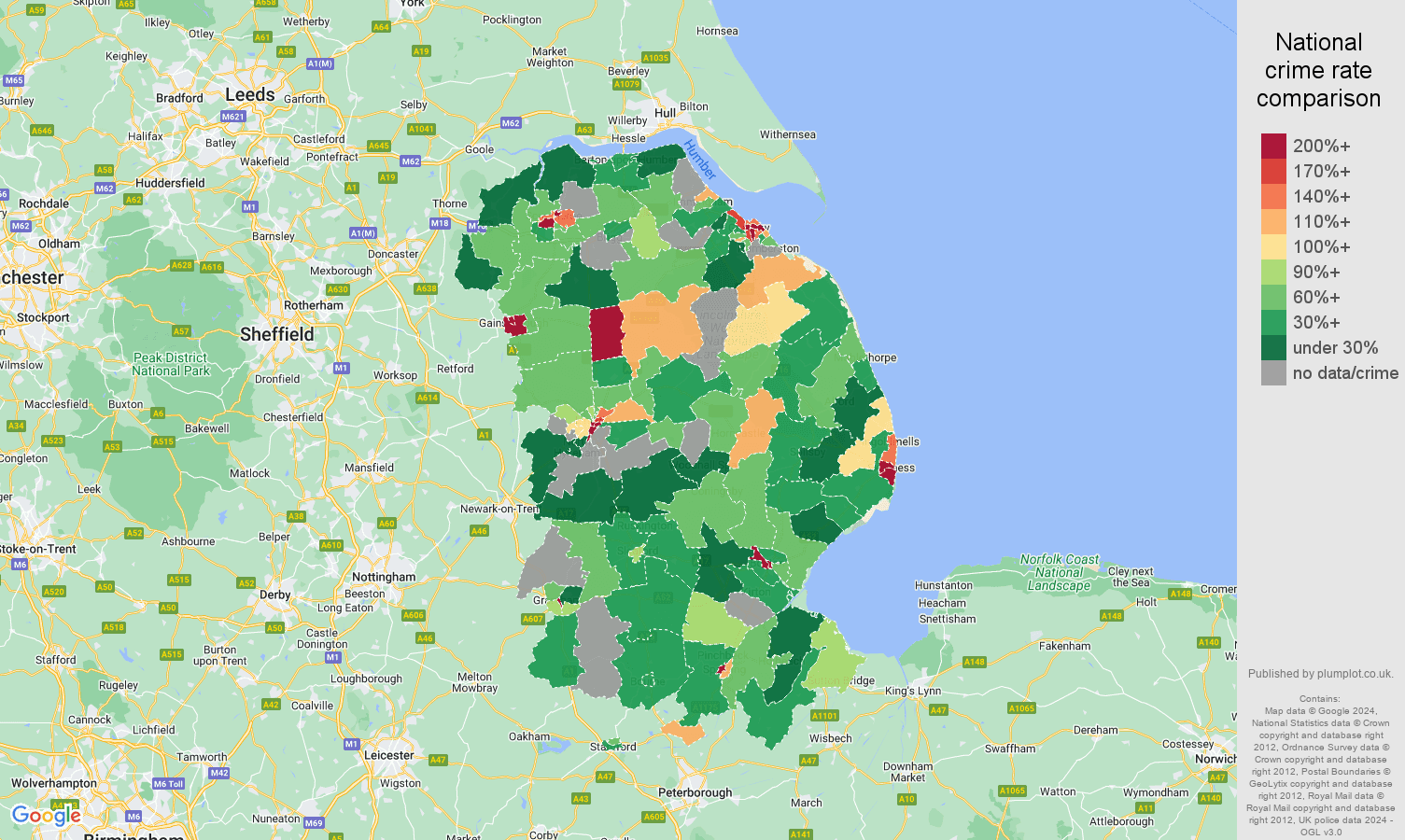Lincolnshire possession of weapons crime rate comparison map