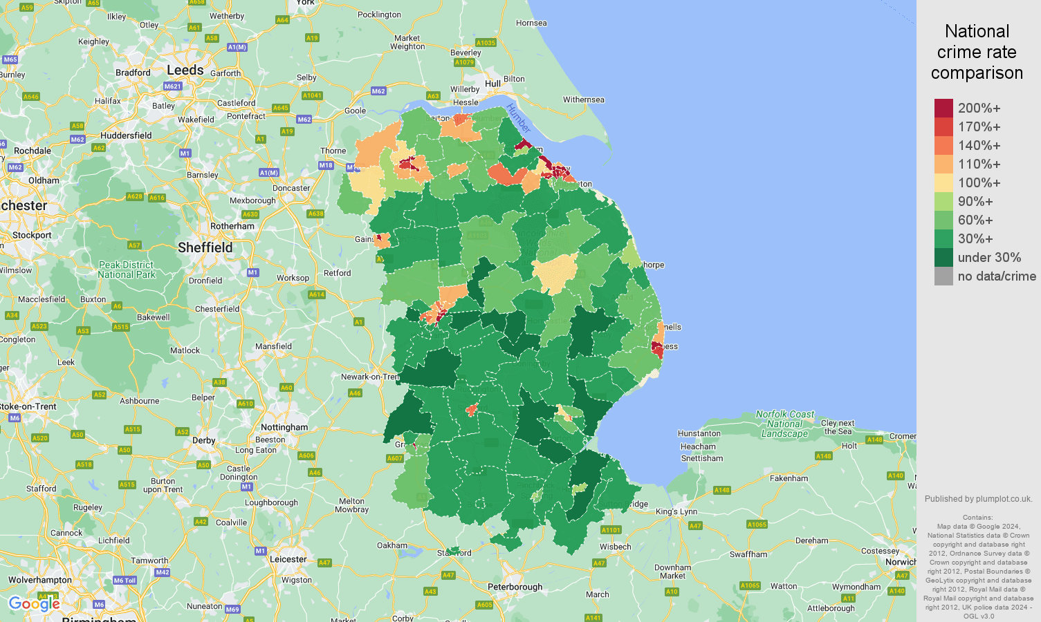 Lincolnshire public order crime rate comparison map
