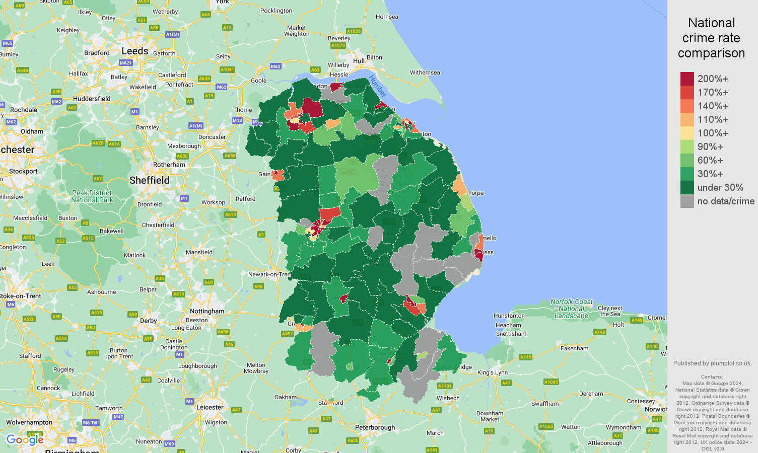 Lincolnshire shoplifting crime rate comparison map