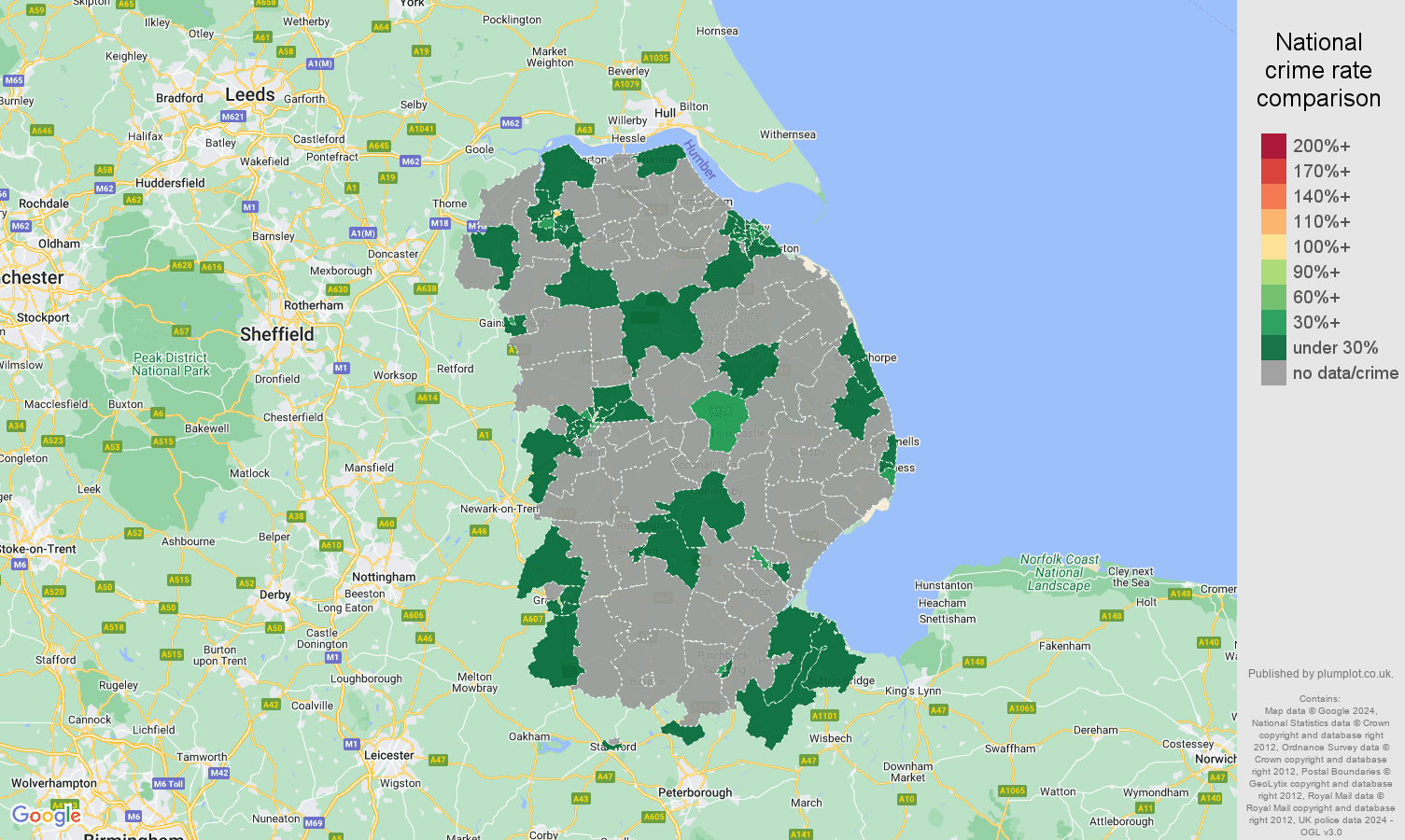 Lincolnshire theft from the person crime rate comparison map