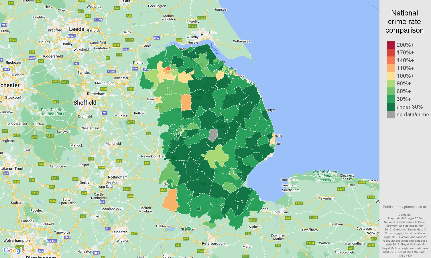 Lincolnshire vehicle crime rate comparison map