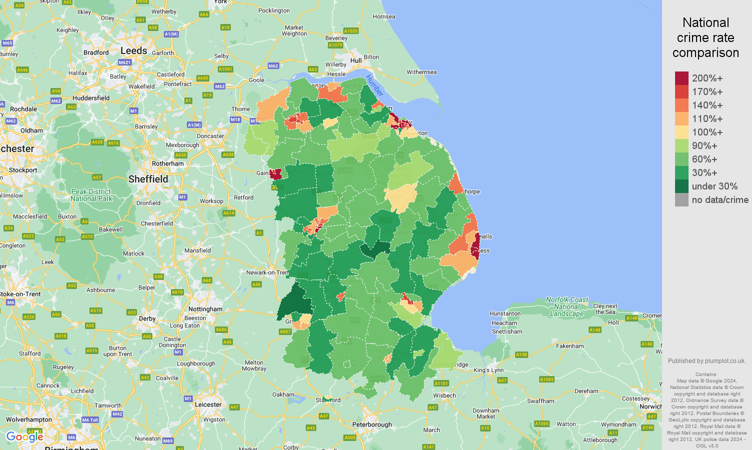 Lincolnshire violent crime rate comparison map