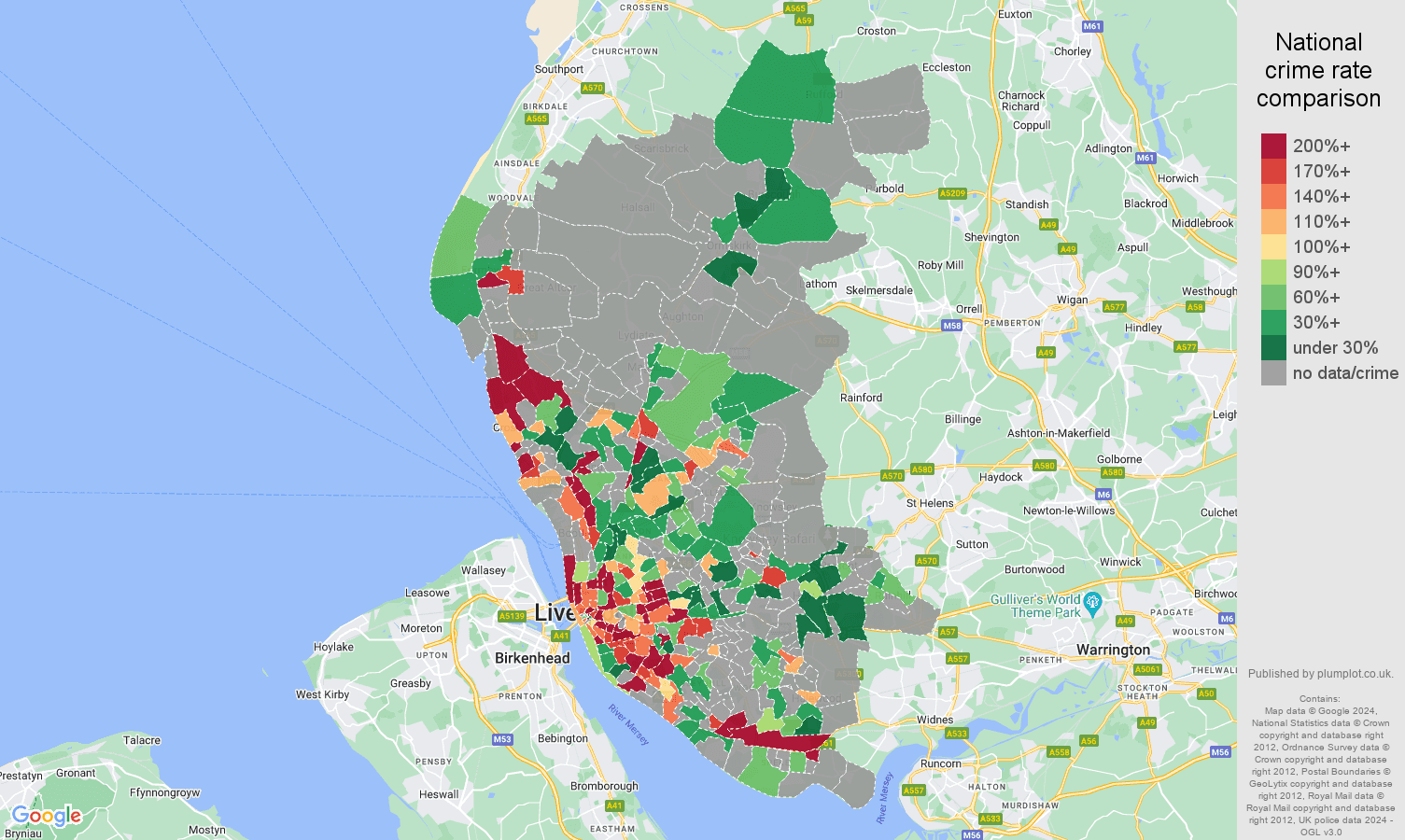 Liverpool bicycle theft crime rate comparison map