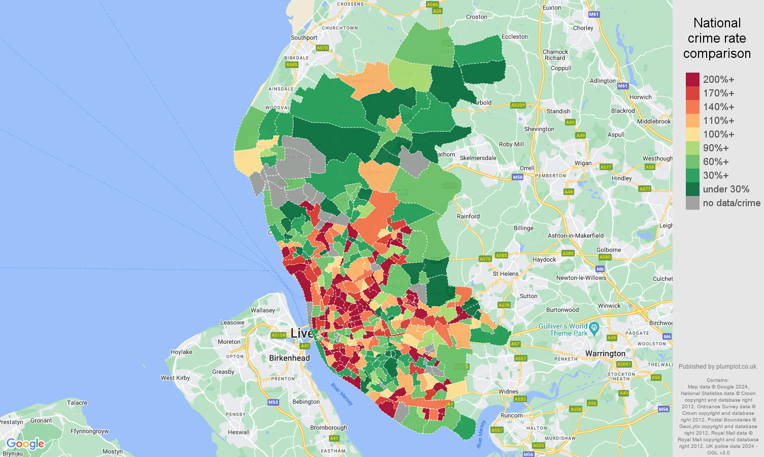 Liverpool criminal damage and arson crime rate comparison map